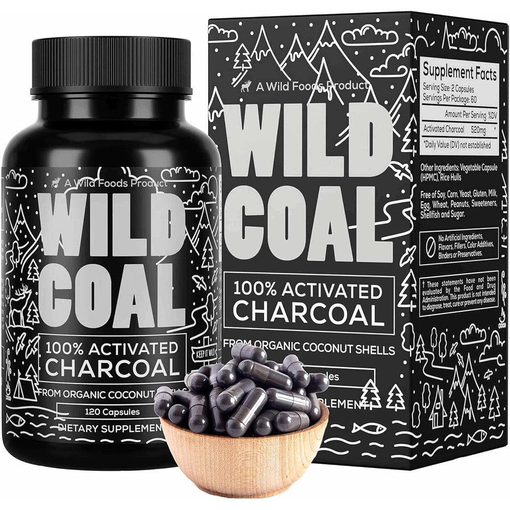 Wild Foods Activated Charcoal 120 Capsules front view showing organic coconut shell dietary supplement bottle