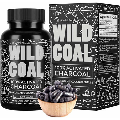 Wild Foods Activated Charcoal 120 Capsules front view showing organic coconut shell dietary supplement bottle
