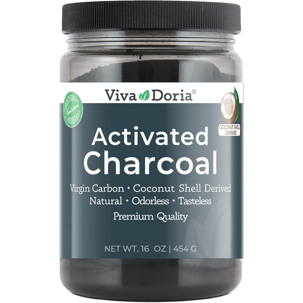 Viva Doria Virgin Activated Charcoal Powder front view jar for teeth whitening