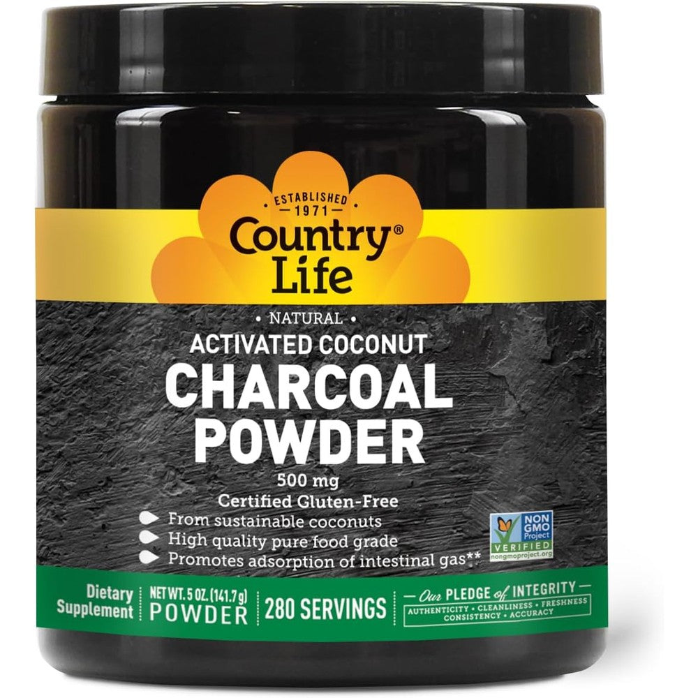 Country Life Activated Coconut Charcoal Powder 5 Ounces front packaging view for premium digestive wellness support