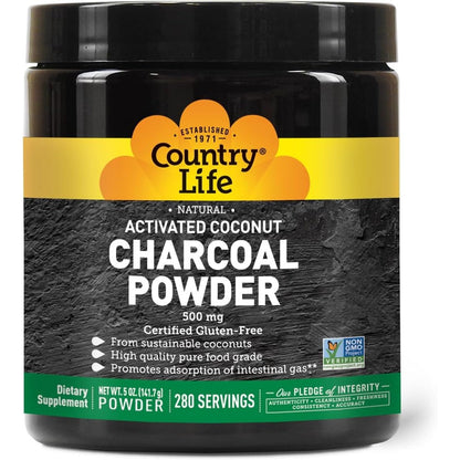 Country Life Activated Coconut Charcoal Powder 5 Ounces front packaging view for premium digestive wellness support