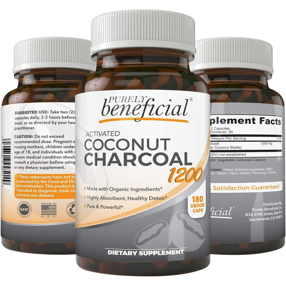 Purely Beneficial Activated Coconut Charcoal 180 capsules front view for digestive wellness.