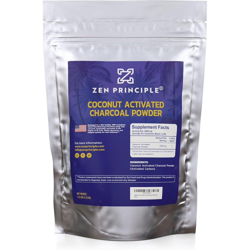 Zen Principle Coconut Activated Charcoal 12 Ounce jar front view for premium natural teeth whitening