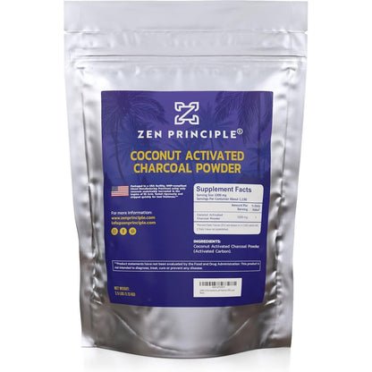 Zen Principle Coconut Activated Charcoal 12 Ounce jar front view for premium natural teeth whitening