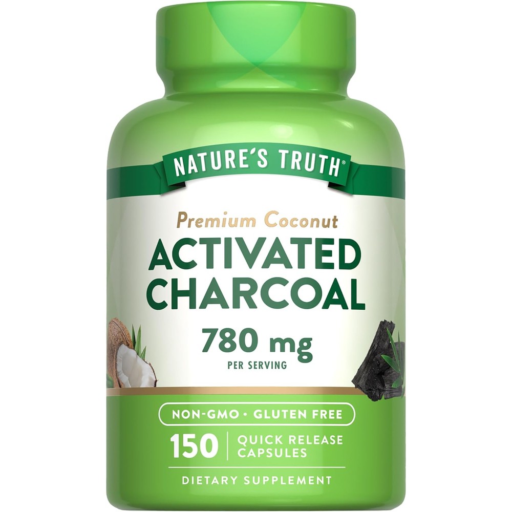 Nature's Truth Activated Charcoal 150 capsules front view of authentic digestive supplement.