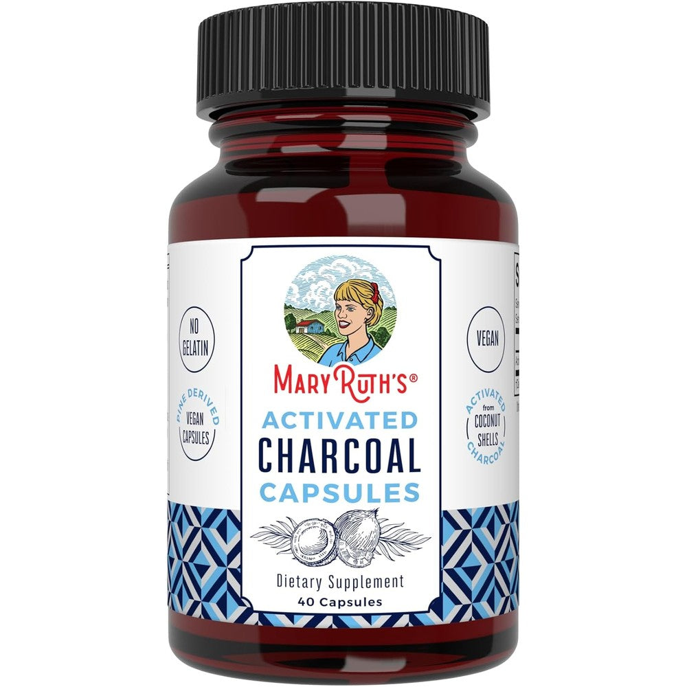 MaryRuth's activated charcoal capsules front view bottle packaging