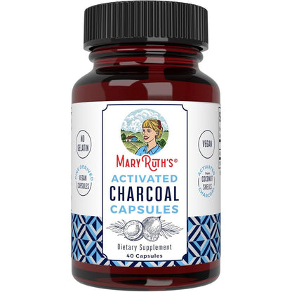 MaryRuth Organics Activated Charcoal 40 Vegan Capsules front view bottle for digestive comfort