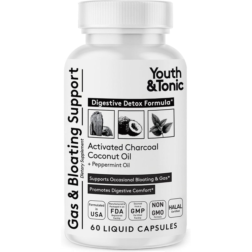 Youth & Tonic Activated Charcoal 60 Liquid Capsules front bottle view for digestive detox.
