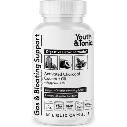 Youth & Tonic Activated Charcoal 60 Liquid Capsules front bottle view for digestive detox.