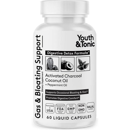 Youth & Tonic Activated Charcoal 60 Liquid Capsules front bottle view for digestive detox.