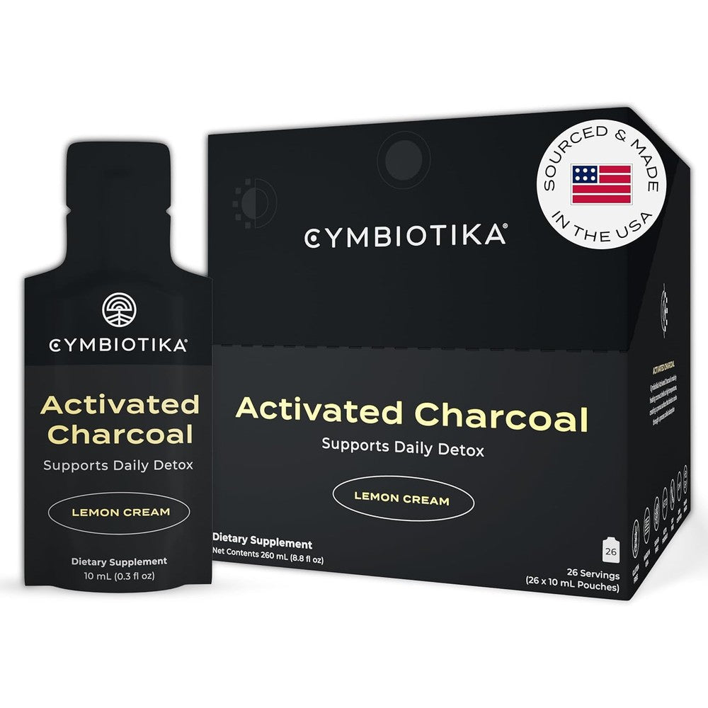 Cymbiotika Activated Charcoal Liquid Supplement box front view for gut health
