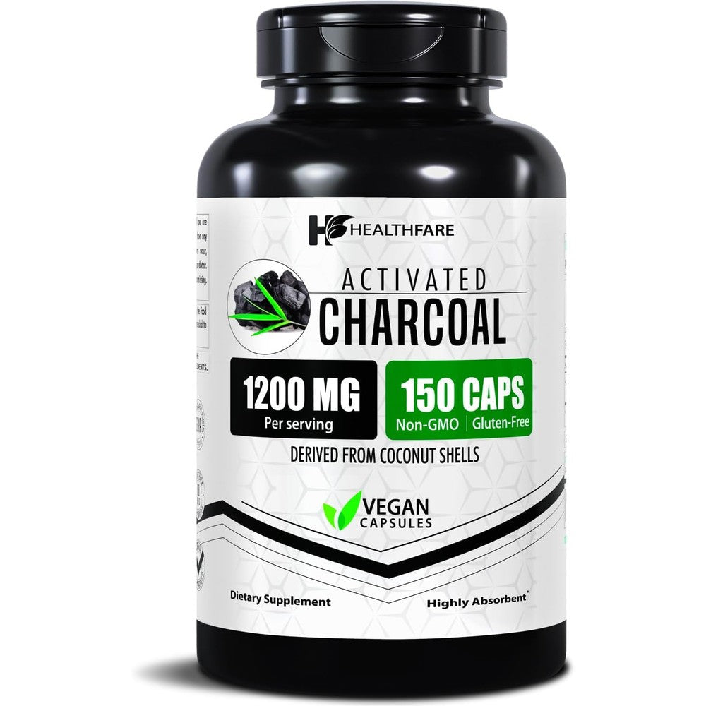 Healthfare Activated Charcoal front view bottle showing one hundred and fifty vegan capsules packaging