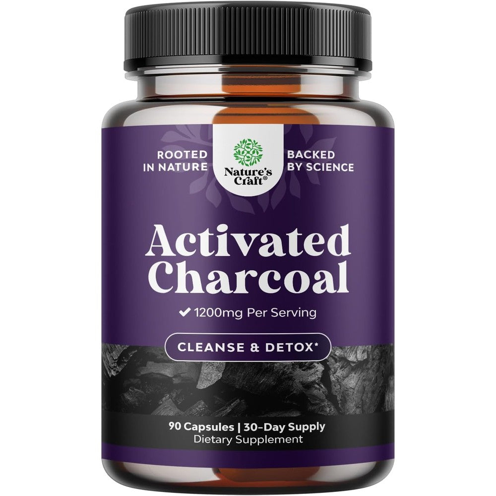Nature's Craft Activated Charcoal 90 capsules front view for natural body detox