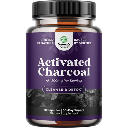 Nature's Craft Activated Charcoal 90 capsules front view for natural body detox