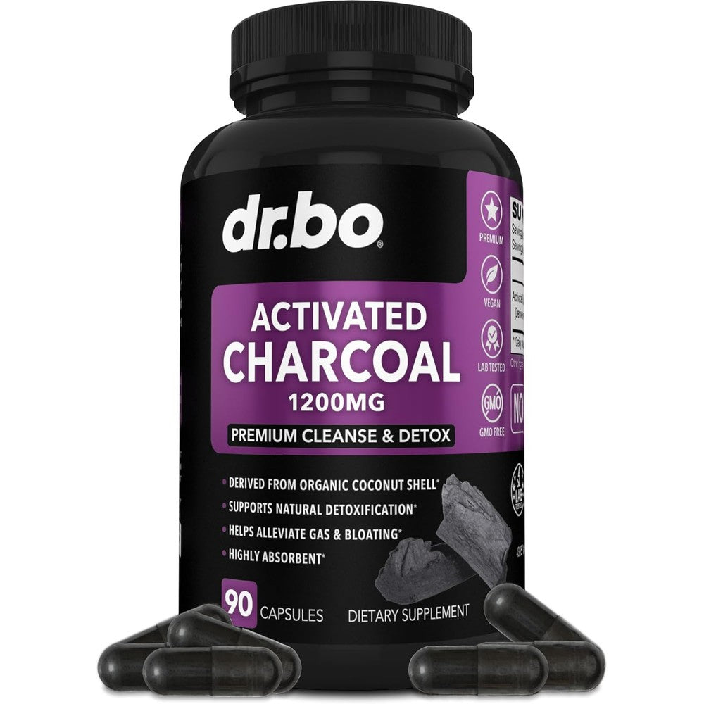 Dr Bo Activated Charcoal Capsules 90 pills front bottle view for natural bloating relief