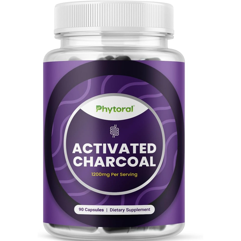 Phytoral Pure Activated Charcoal 90 veggie capsules front bottle view for bloating relief