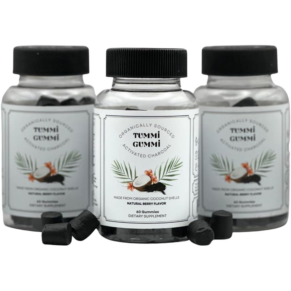 Tummi Gummi Activated Organic Charcoal Gummies 60 Count front view showing natural berry flavor bottle.