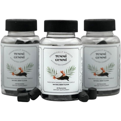 Tummi Gummi Activated Organic Charcoal Gummies 60 Count front view showing natural berry flavor bottle.