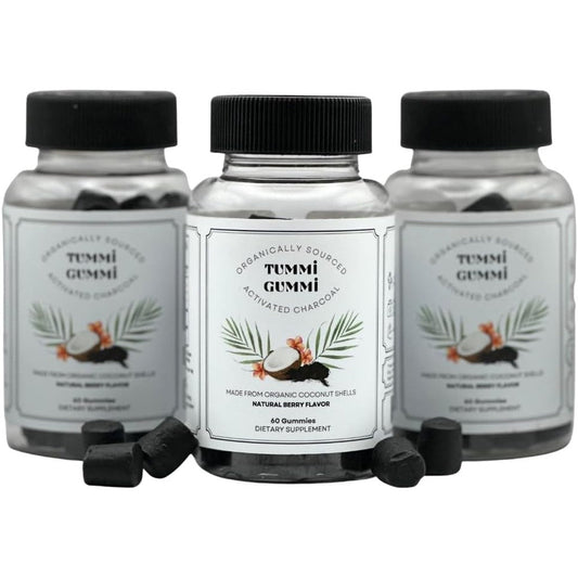 Tummi Gummi Activated Organic Charcoal Gummies 60 Count front view showing natural berry flavor bottle.