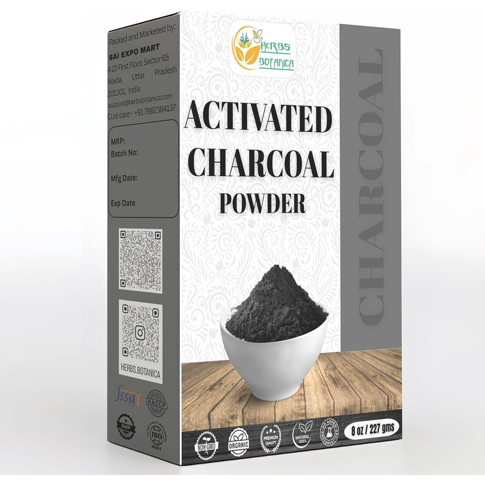 Herbs Botanica Activated Charcoal Powder front packaging for natural detoxification