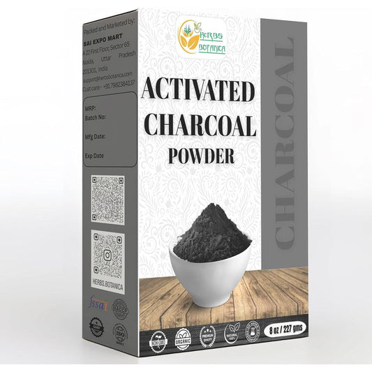 Herbs Botanica Activated Charcoal Powder front packaging for natural detoxification