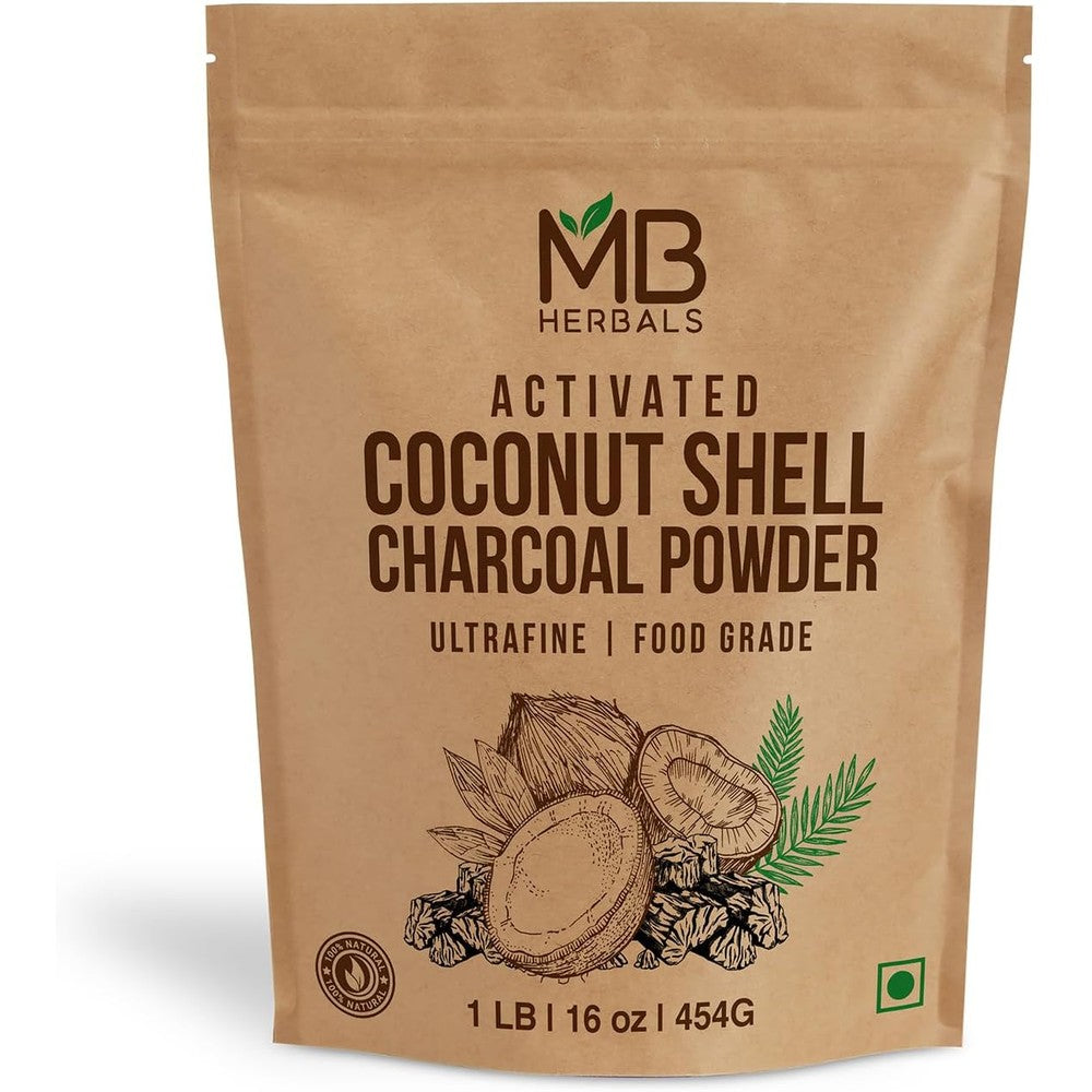 MB Herbals Activated Coconut Shell Charcoal Powder one pound pouch front view for deep cleansing facial masks