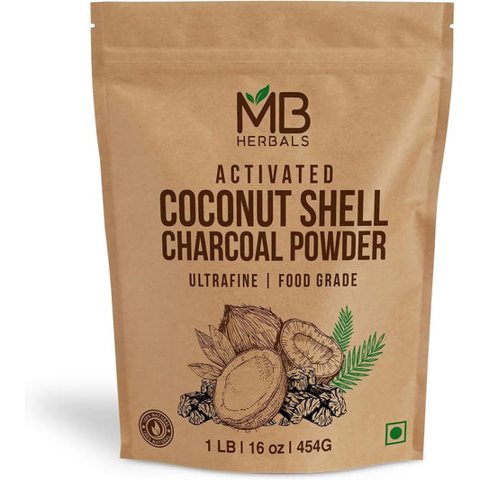 MB Herbals Activated Coconut Shell Charcoal Powder one pound pouch front view for deep cleansing facial masks