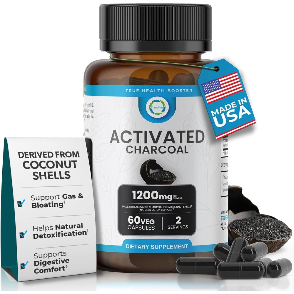 TRUEMED Activated Charcoal 60 capsules front view bottle for natural digestive detox.