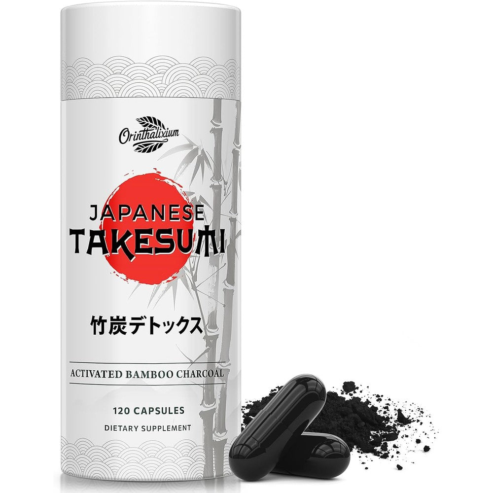 Orinthalixium Takesumi Activated Charcoal 120 capsules front view bottle showing white label and Japanese red sun graphic.