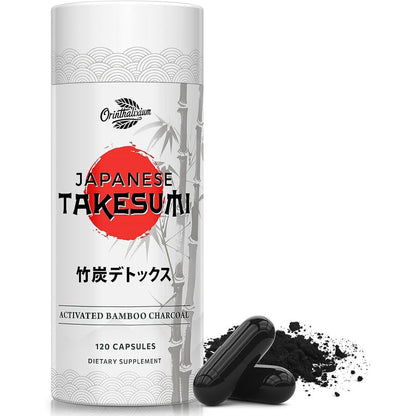 Orinthalixium Takesumi Activated Charcoal 120 capsules front view bottle showing white label and Japanese red sun graphic.