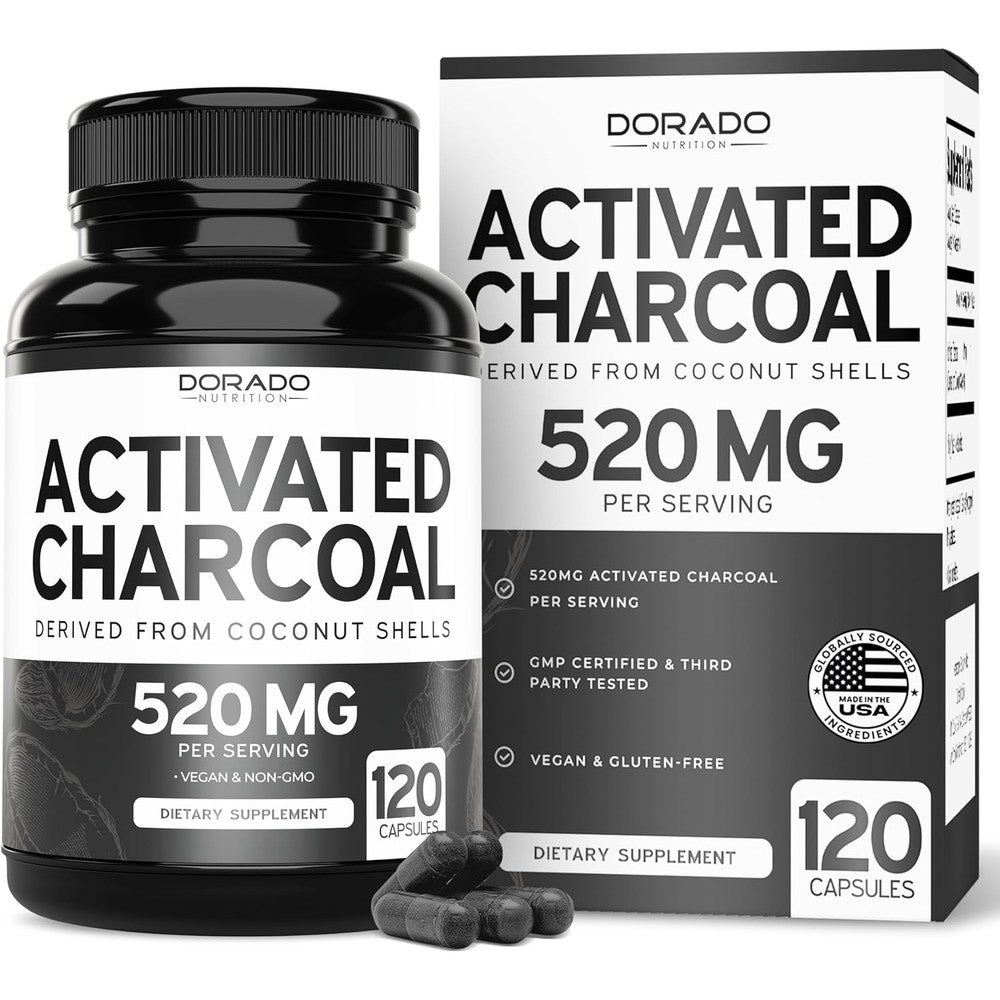 Dorado Nutrition Organic Activated Charcoal 120 capsules front bottle view for natural bloating relief