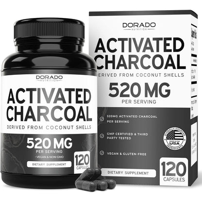 Dorado Nutrition Organic Activated Charcoal 120 capsules front bottle view for natural bloating relief