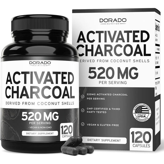 Dorado Nutrition Organic Activated Charcoal 120 capsules front bottle view for natural bloating relief
