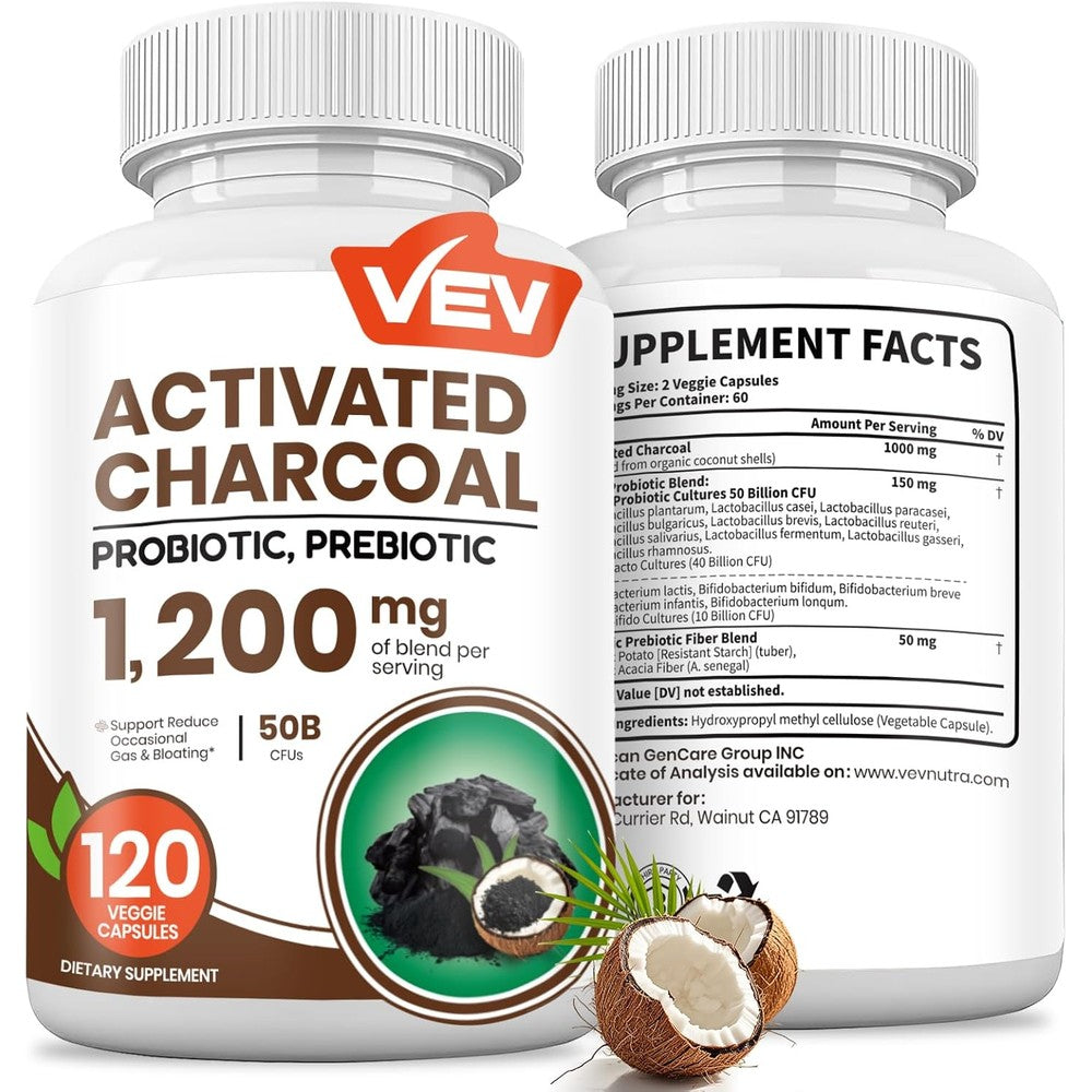 Vev activated charcoal supplement bottle front view
