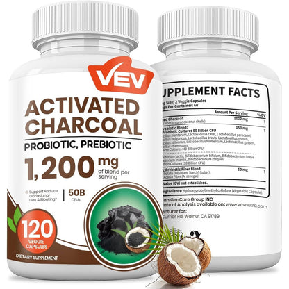 VEV Activated Charcoal 120 vegetarian capsules front view bottle showing digestive health benefits.
