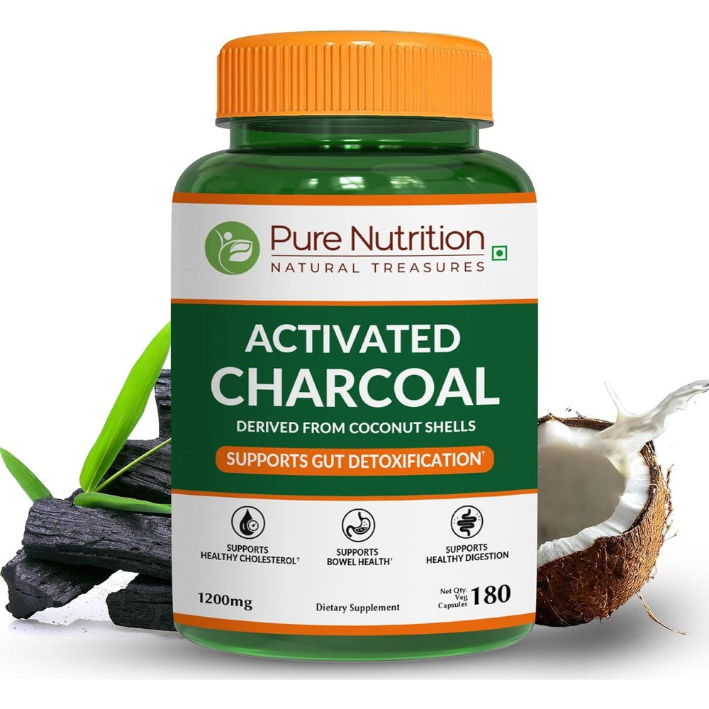 Pure Nutrition Activated Charcoal 180 vegetarian capsules front bottle view for digestive health