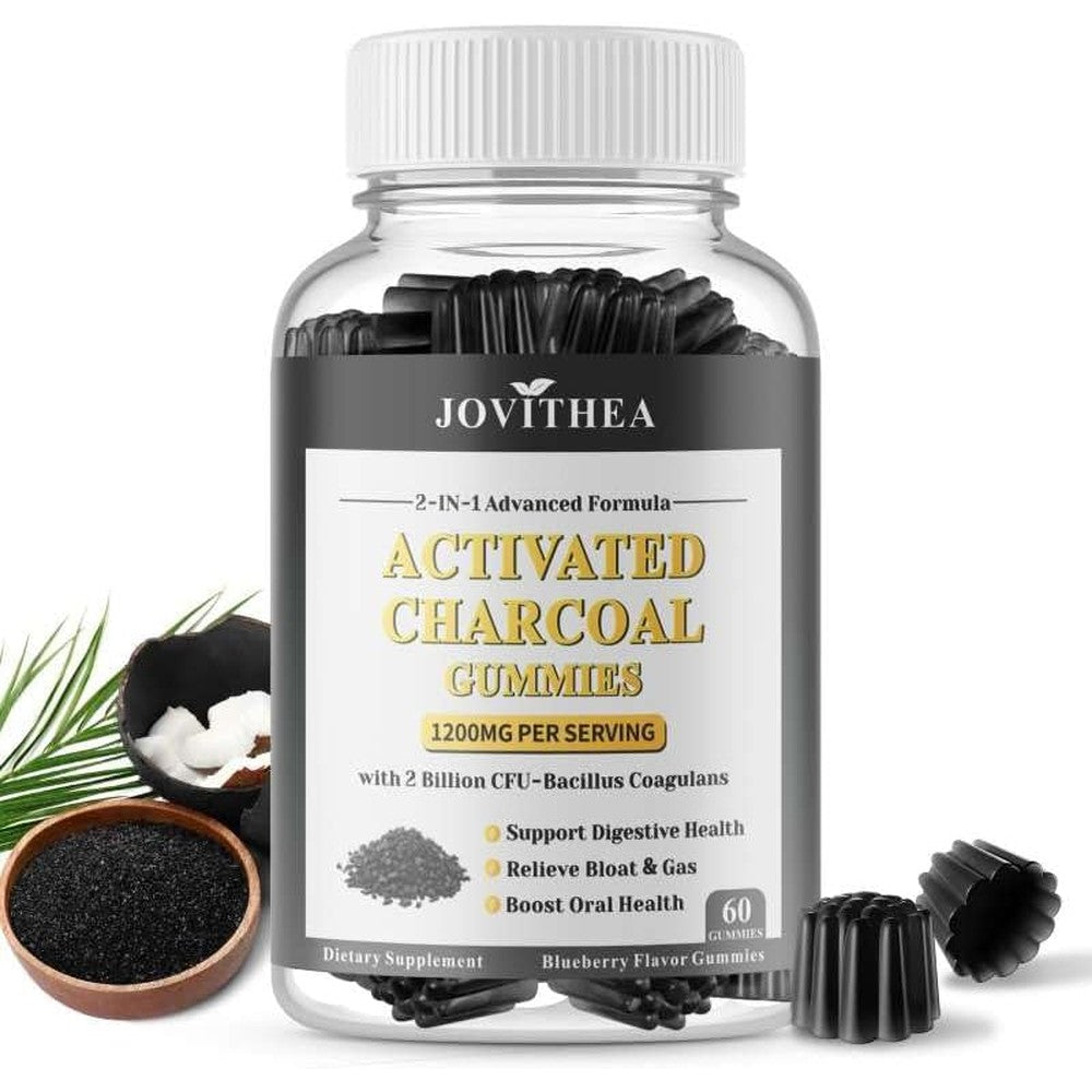 Jovithea Activated Charcoal Gummies bottle front view for bloating relief