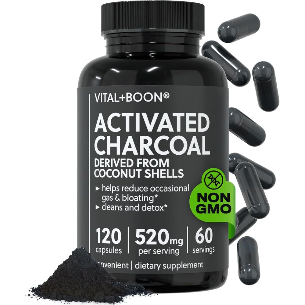 Vital+Boon Activated Black Charcoal 120 capsules front view of bottle packaging.
