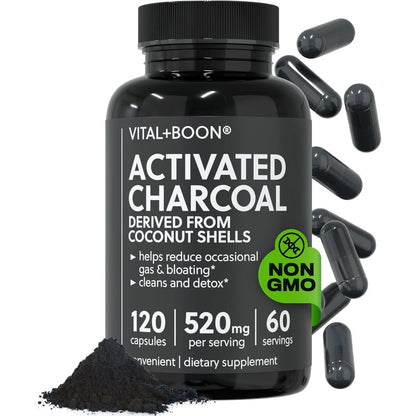 Vital+Boon Activated Black Charcoal 120 capsules front view of bottle packaging.
