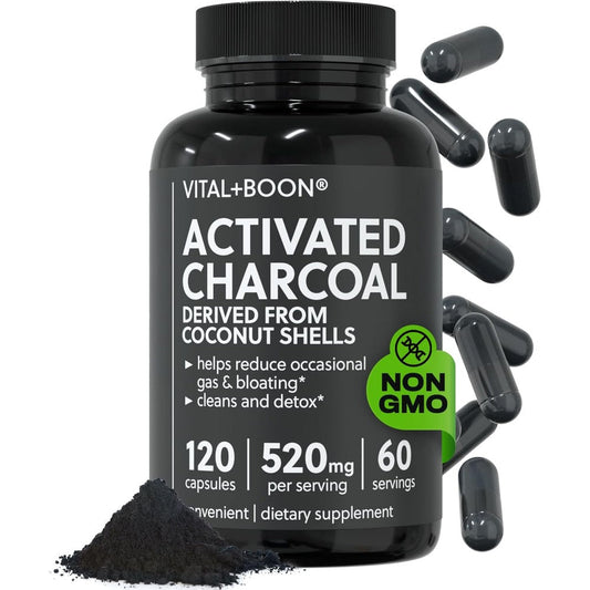 Vital+Boon Activated Black Charcoal 120 capsules front view of bottle packaging.