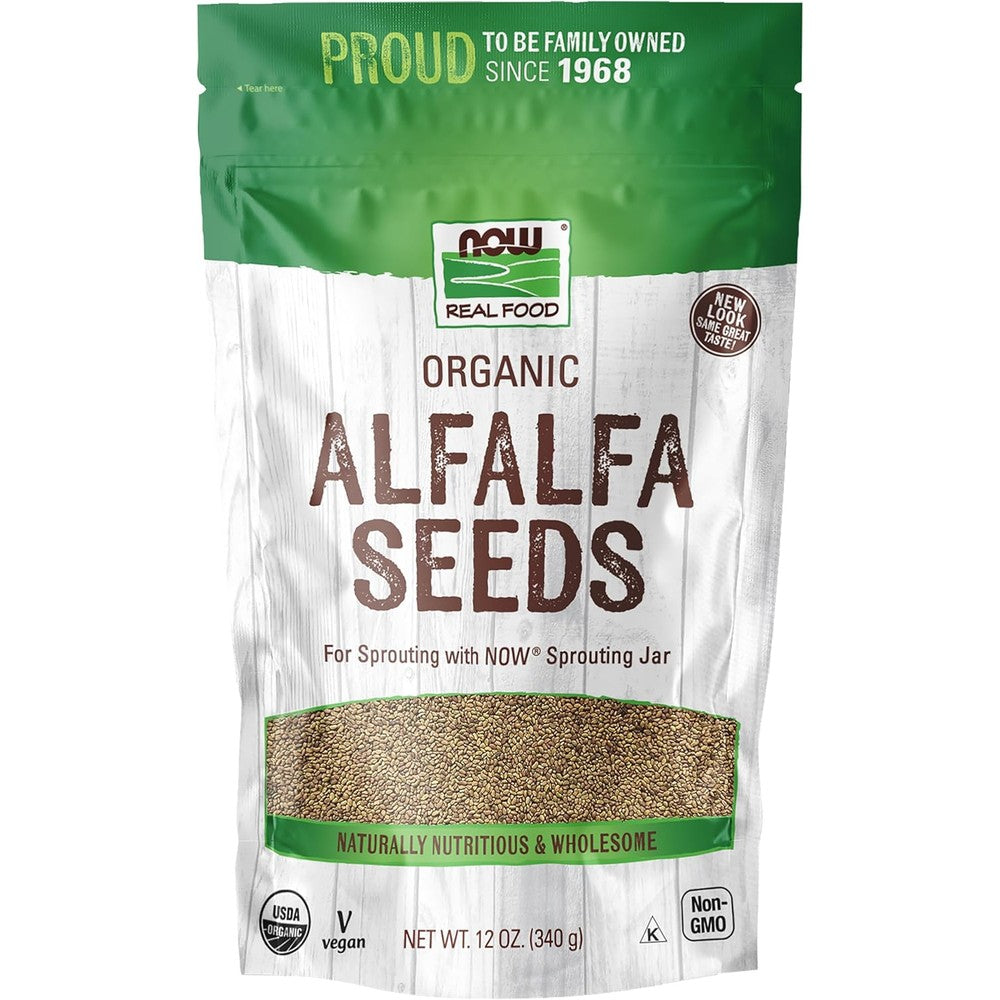 Now Foods organic alfalfa seeds for sprouting front view 12 ounce bag