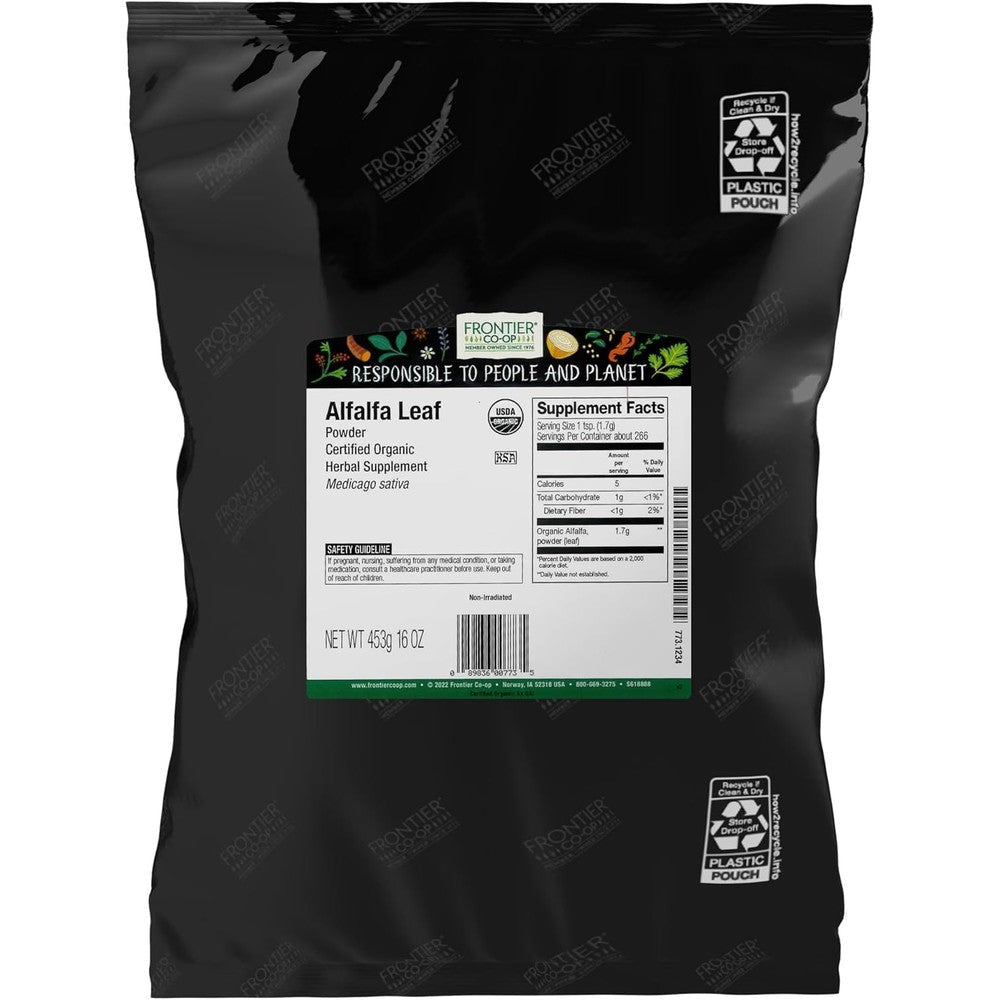 Frontier Co-op Organic Alfalfa Leaf Powder 16 Ounce bulk bag front view