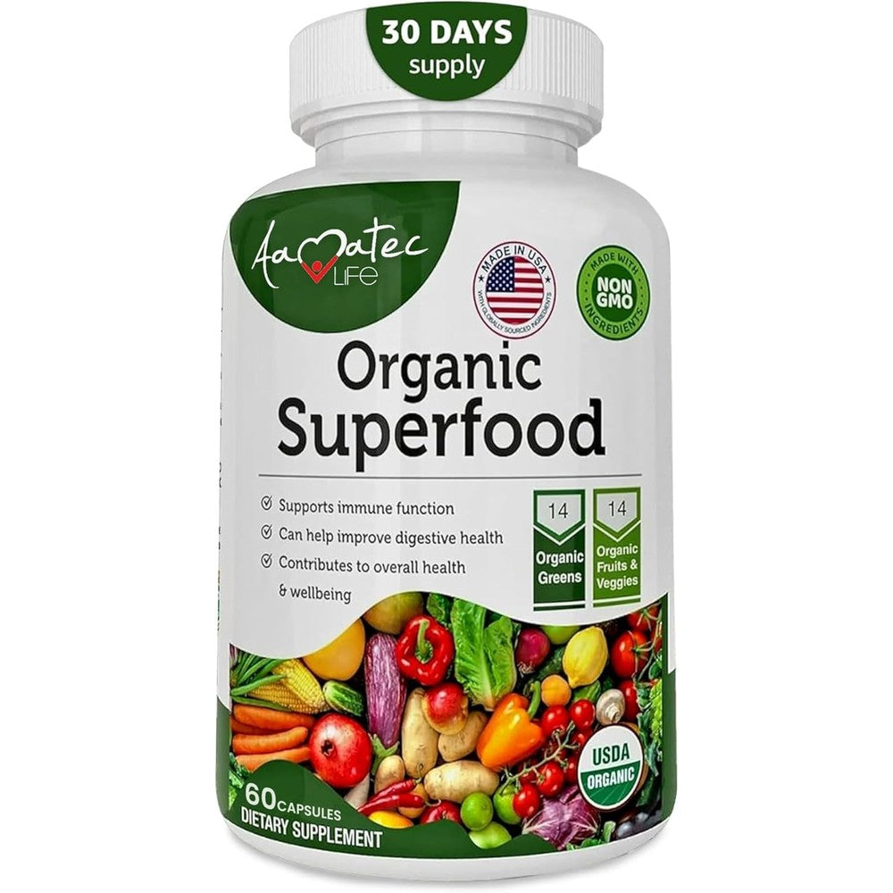 Aamatec Life Organic Superfood Greens and Fruits complex bottle front view