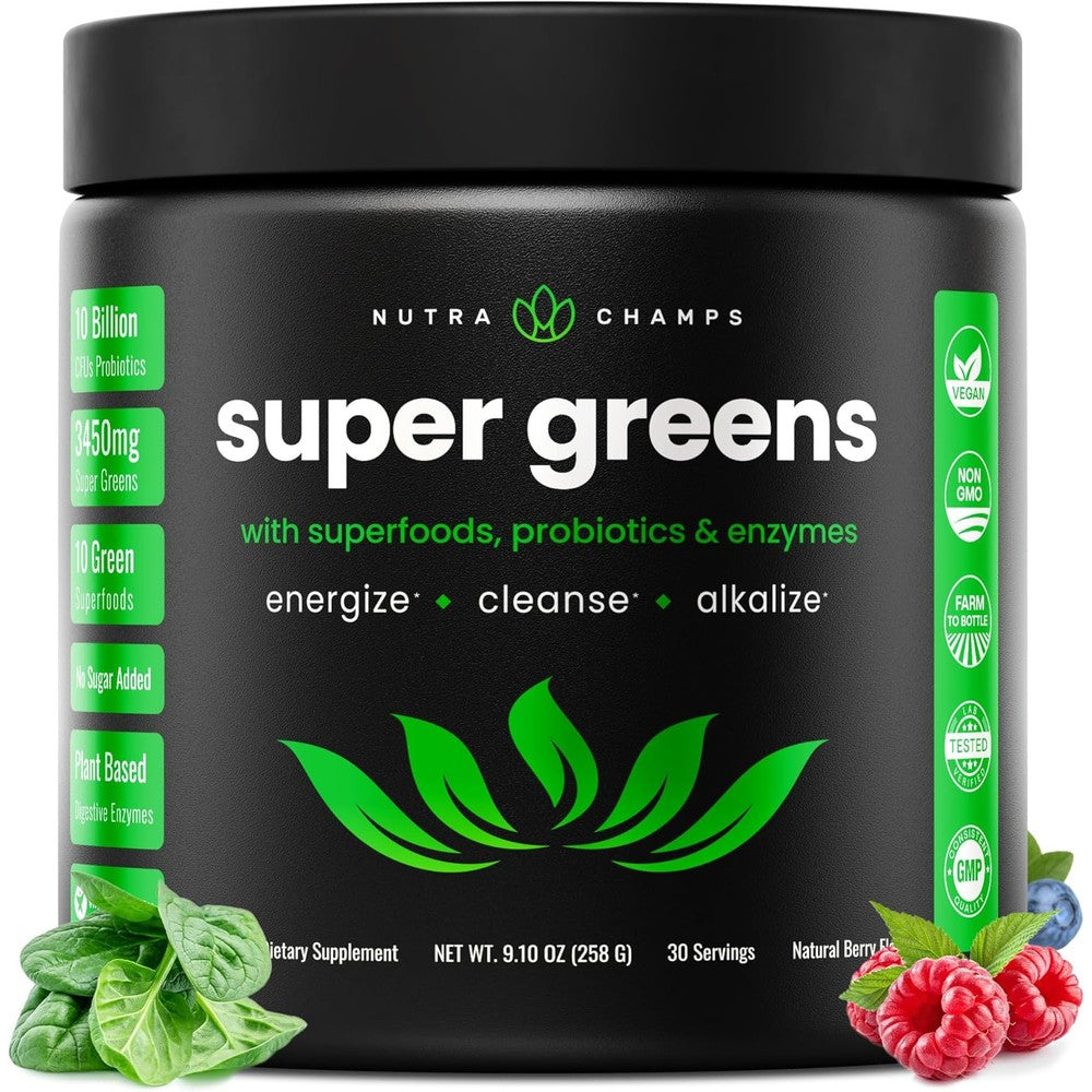 NutraChamps Super Greens Organic Natural Berry Powder front view