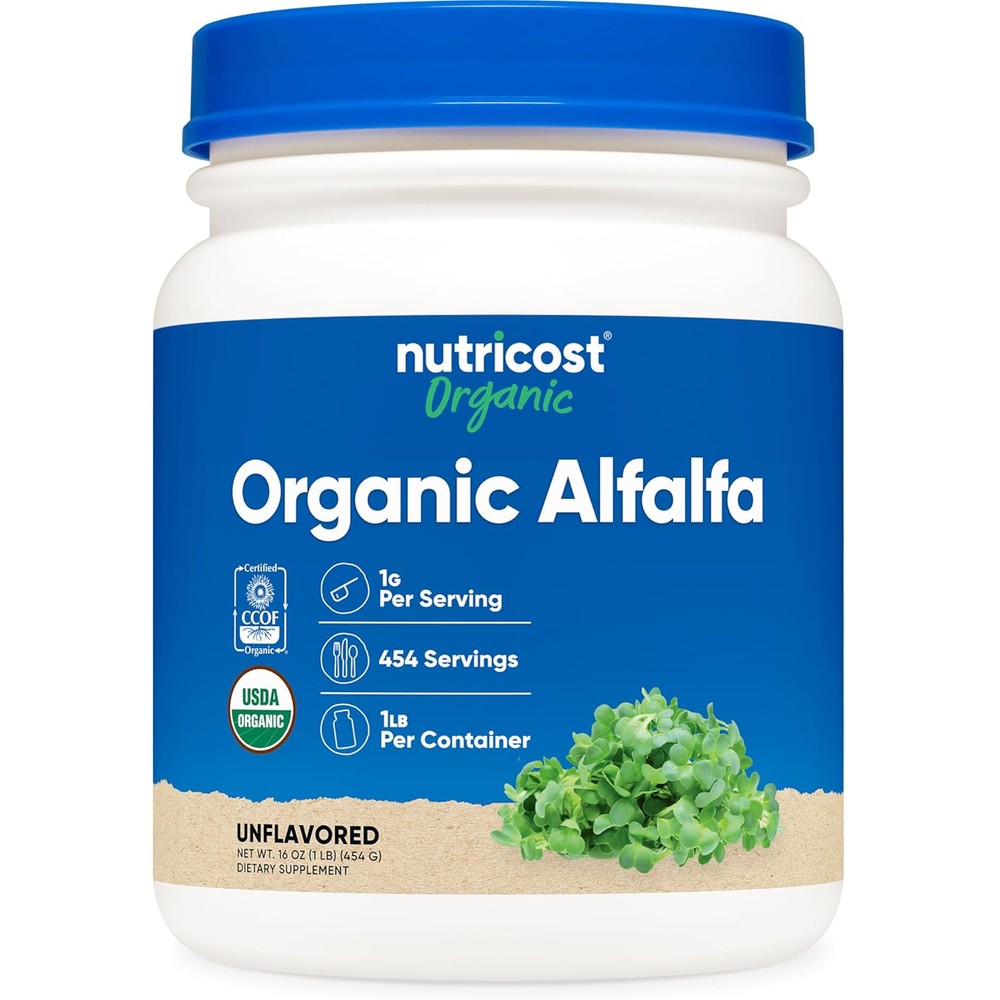 Nutricost Organic Alfalfa Powder container front view 1 pound
