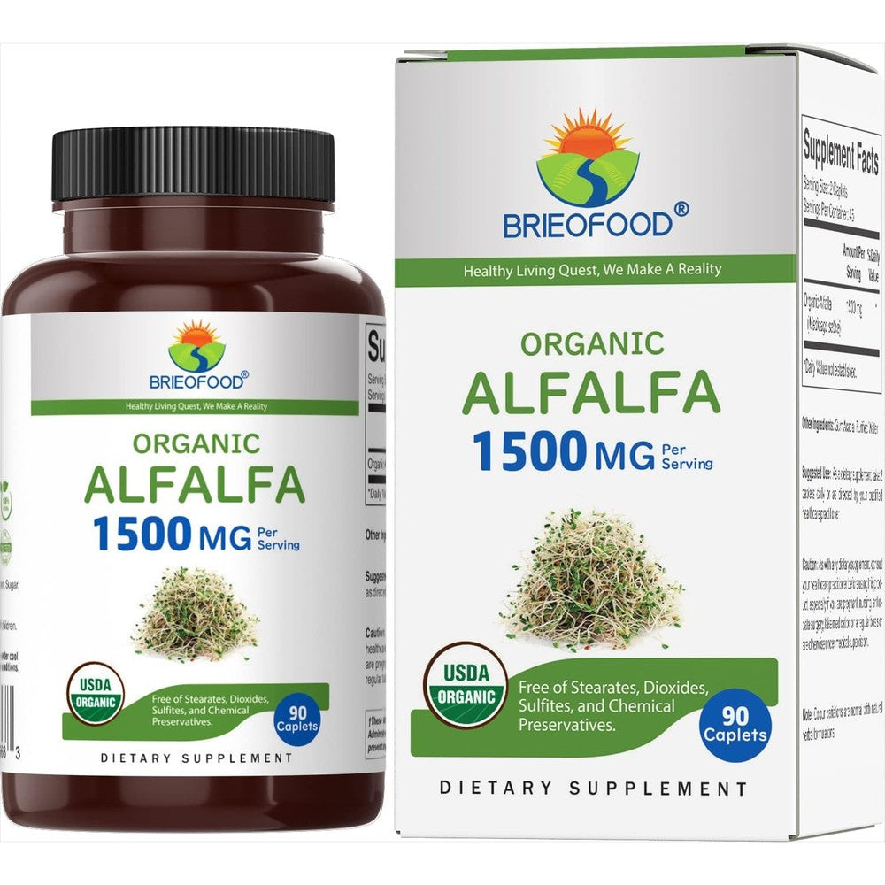 Brieofood Organic Alfalfa 1500mg 90 vegetarian tablets front label view showcasing certified organic greens supplement.