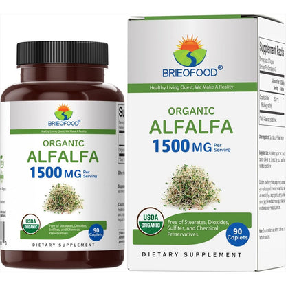 Brieofood Organic Alfalfa 1500mg 90 vegetarian tablets front label view showcasing certified organic greens supplement.