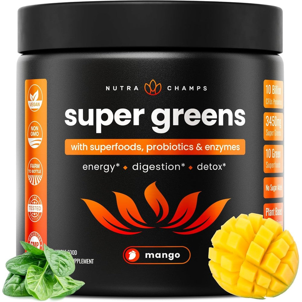 NutraChamps Super Greens Powder Organic Mango front view