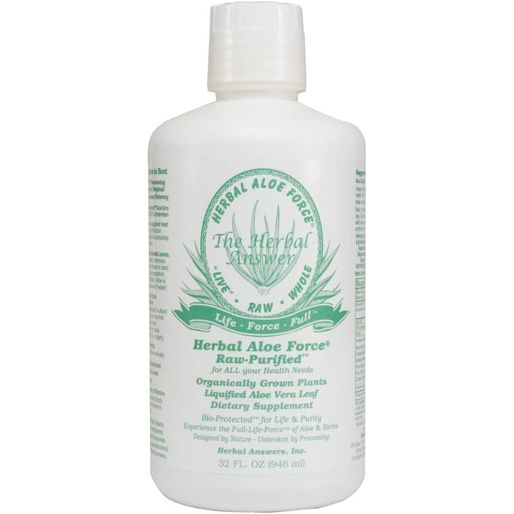 Herbal Answers Aloe Force 32 Fluid Ounce bottle front view showing raw purified dietary supplement label