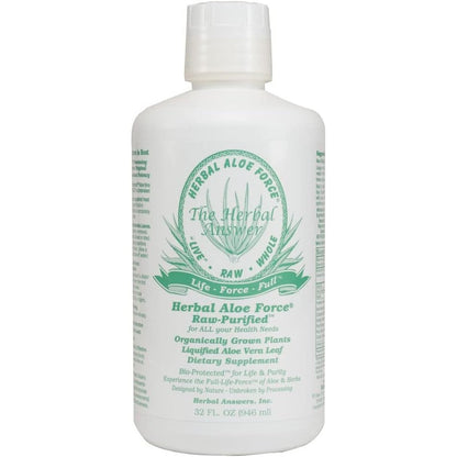 Herbal Answers Aloe Force 32 Fluid Ounce bottle front view showing raw purified dietary supplement label